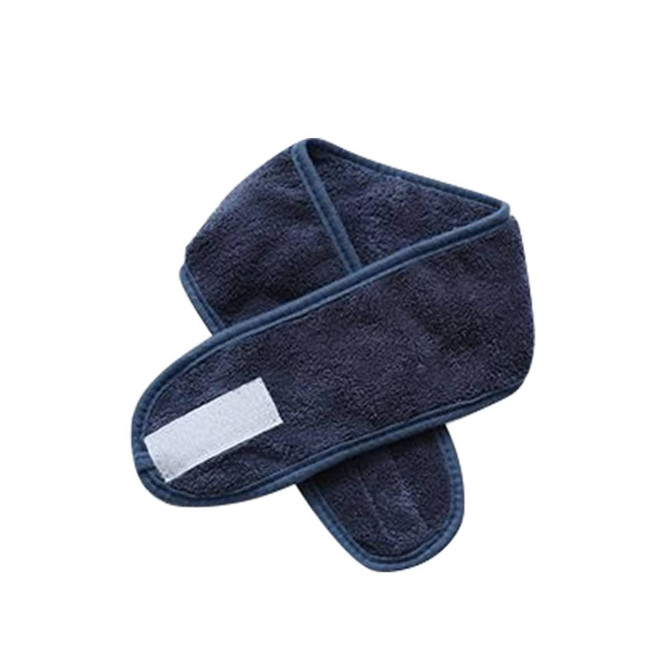 A dark blue promotional headband made of soft material, featuring a patch for attaching logos or branding.