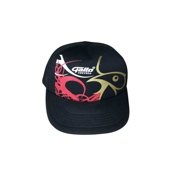 A black cap with a hollow out back, featuring red and gold abstract designs and a logo.