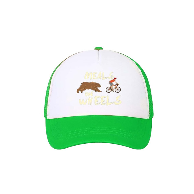 A cap with a white front, green brim, featuring a logo with a bear and a cyclist illustration.