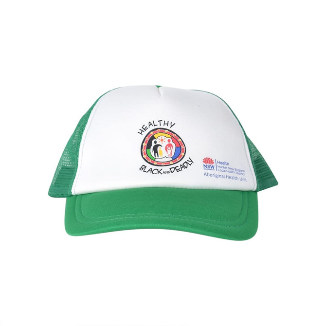 A green cap with a white front and a mesh back, featuring a circular logo on the front.
