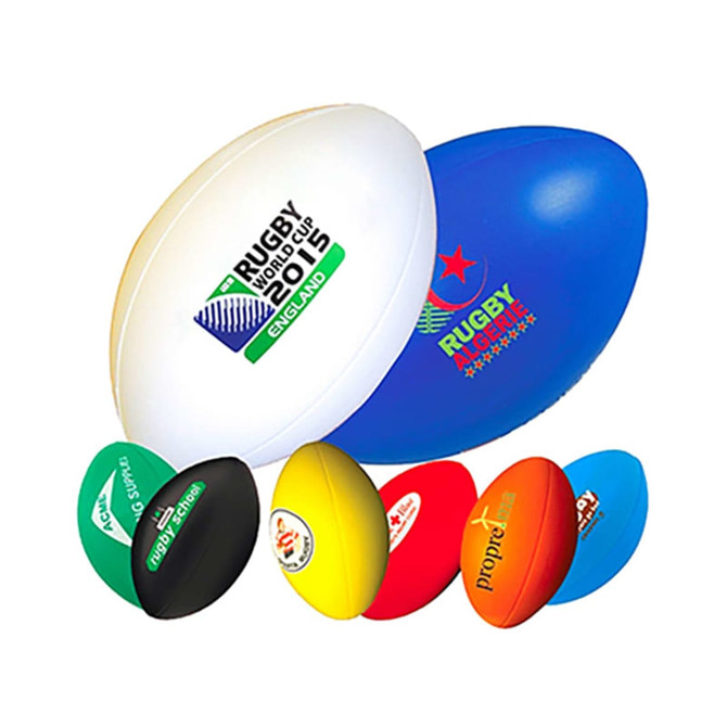 A collection of rugby balls in various colours, including white, blue, black, yellow, and green, some with logos.