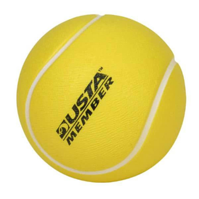 A yellow tennis-shaped stress reliever with a textured surface and a logo. Ideal for stress relief in a fun design.