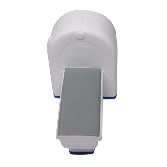 A white and grey stress reliever shaped like a scanner machine, featuring a flat base and rounded top.