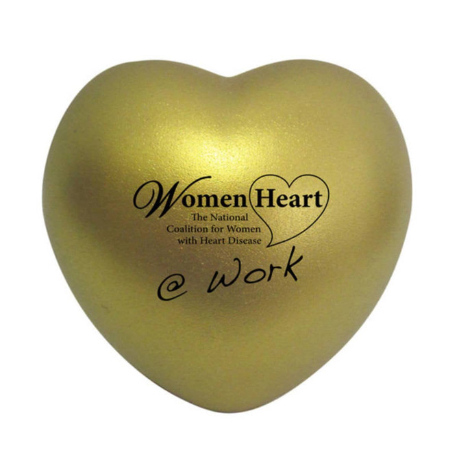 A gold heart-shaped stress reliever featuring a logo and text design.