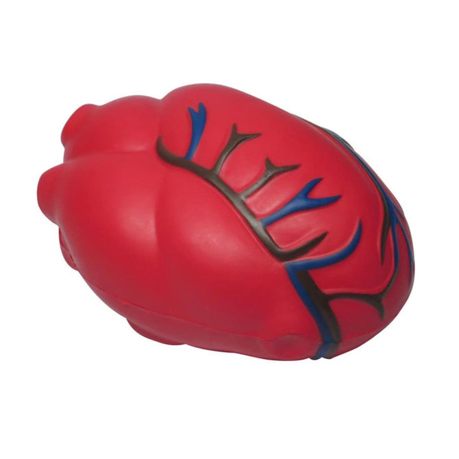 A red heart-shaped stress reliever with blue and black detailing, featuring a smooth, squeezable surface.