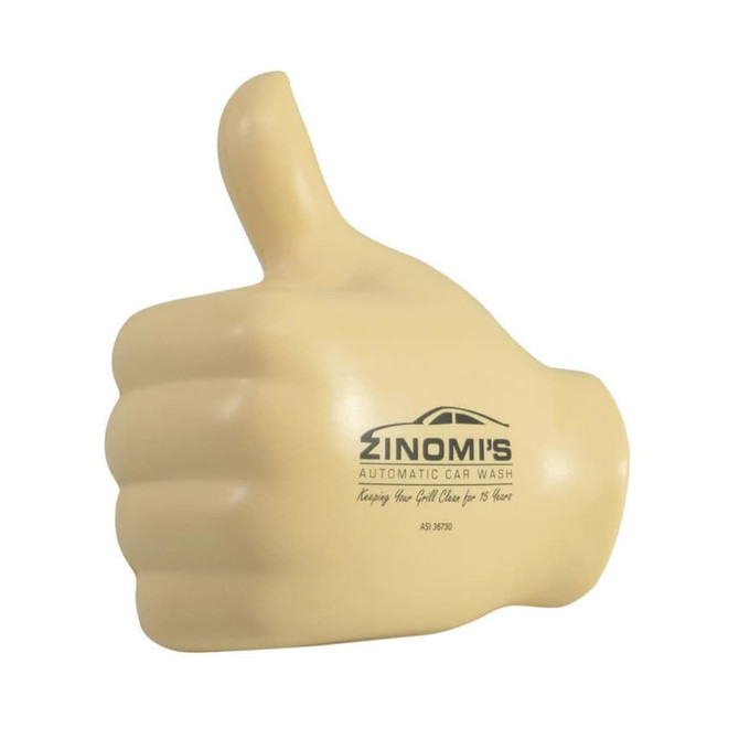 A yellow thumb-shaped stress reliever with a branded logo on its side.