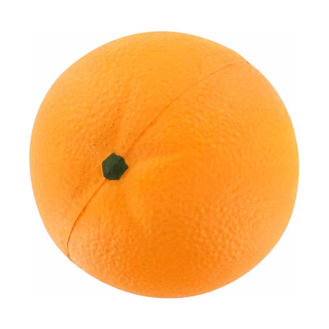 An orange-shaped stress reliever in vibrant orange with a green top, featuring a textured surface.
