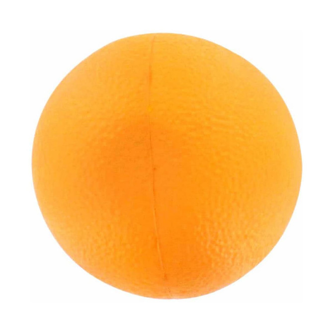 An orange stress ball shaped like an orange, featuring a textured surface and a small seam.