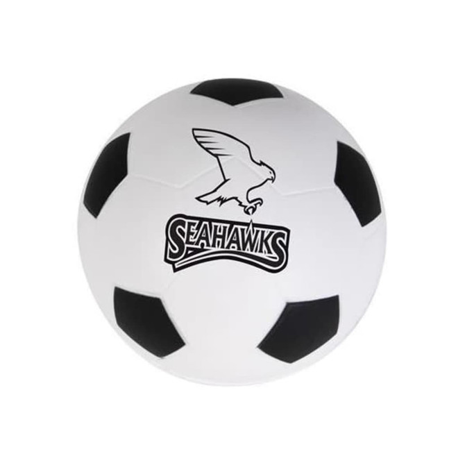 A white and black football-shaped stress reliever featuring a logo on one side.