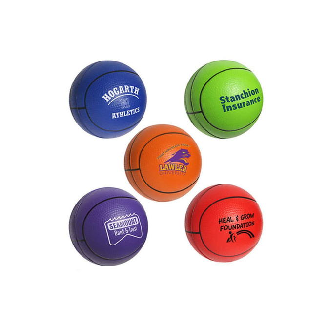 A collection of 63mm basketball-shaped stress relievers in blue, green, orange, purple, and red, featuring various logos.