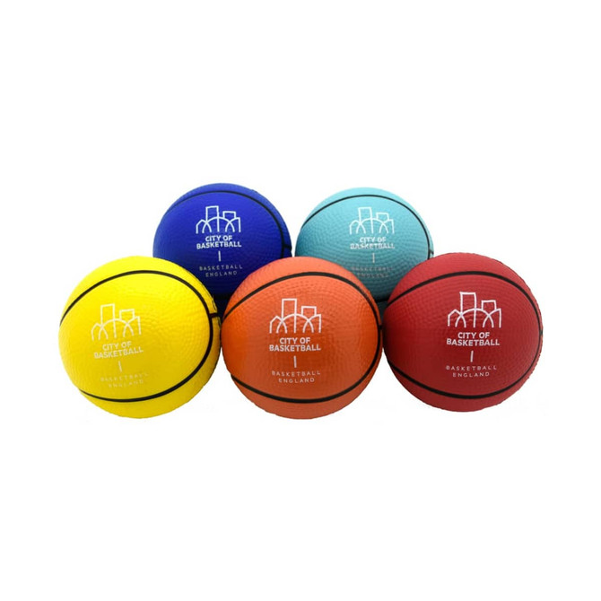 A collection of five basketball-shaped stress relievers in yellow, blue, orange, red, and teal, each featuring a logo.