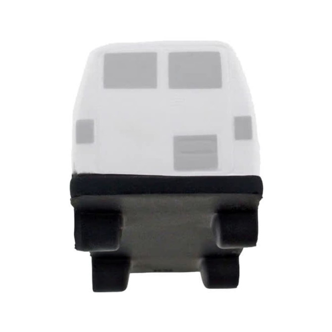 A white van-shaped stress reliever with a black base, featuring a simple design and a logo on it.