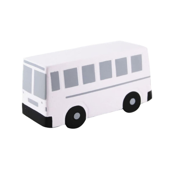 A white bus-shaped stress reliever with grey accents and black wheels, featuring a branding logo.