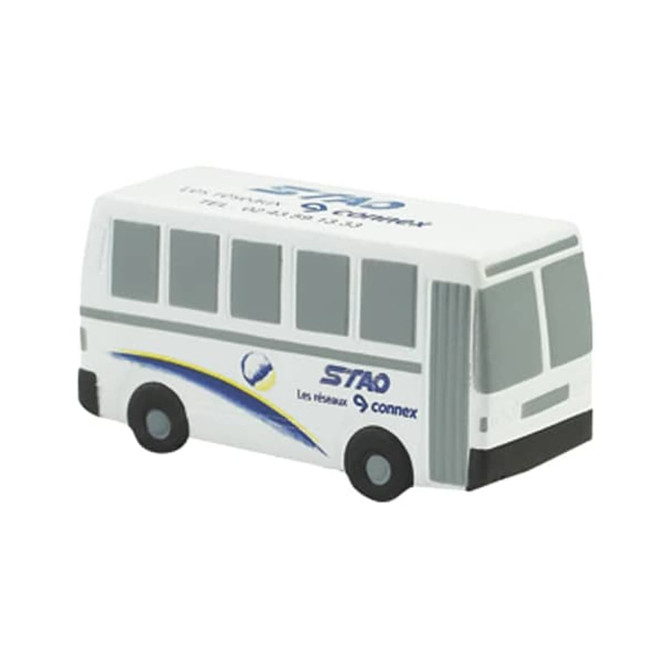 A white stress reliever shaped like a city bus, featuring windows and a branded design.