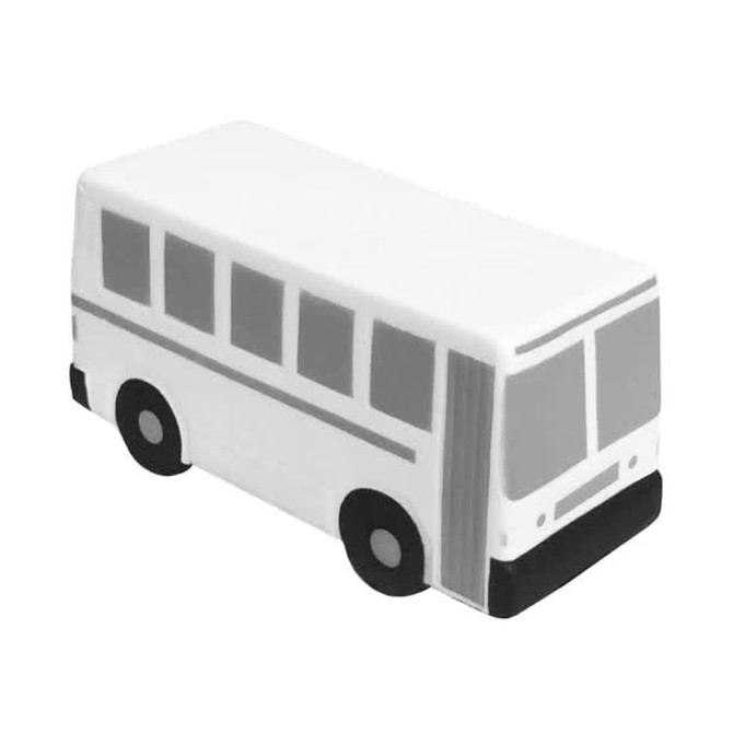 A white and black stress reliever shaped like a city bus, featuring windows and wheels, with a logo on it.