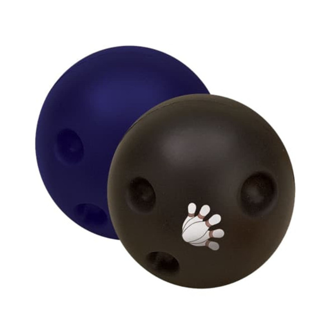 A bowling ball shape stress reliever in black and blue, featuring a small logo on one side.