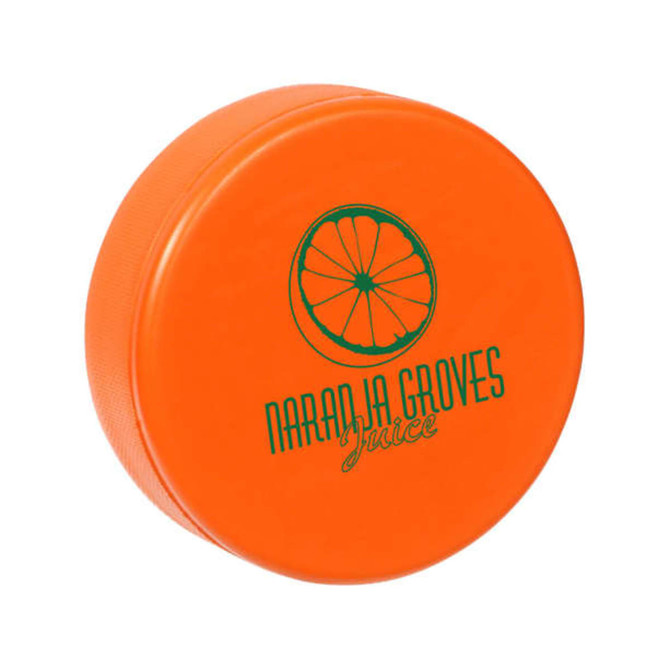 An orange hockey puck-shaped stress reliever with a logo on the surface, designed for fun and stress relief.