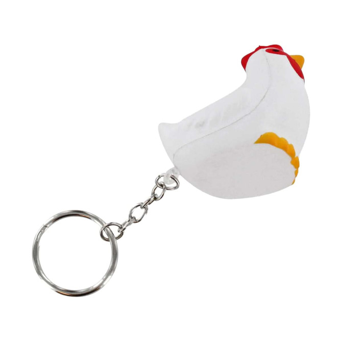 A white rooster stress reliever keyring attached to a metal chain. It features red and yellow details.