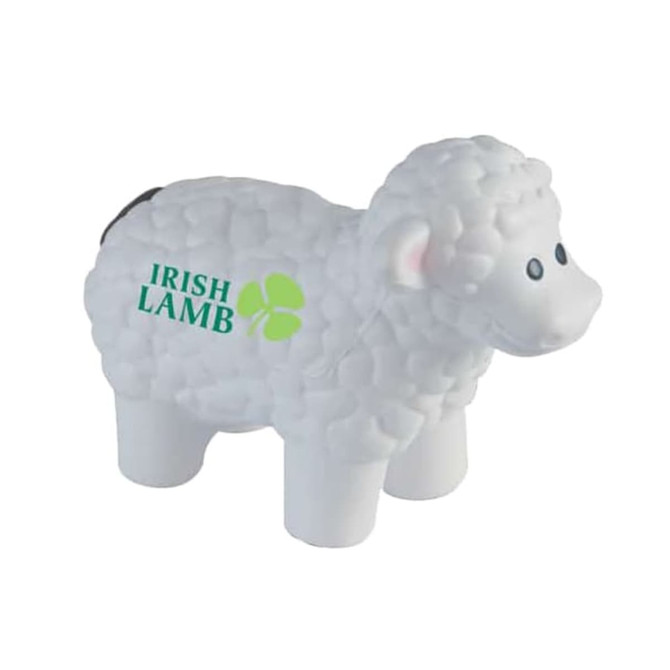 A white sheep-shaped stress reliever with a textured surface and a logo on its side.