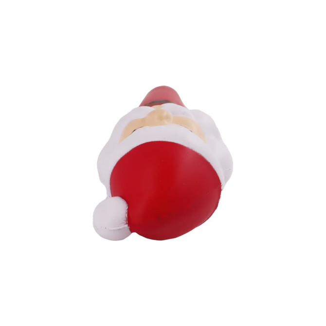 A red and white Santa Claus stress reliever shaped like a pen, featuring a smiling face and a round nose.