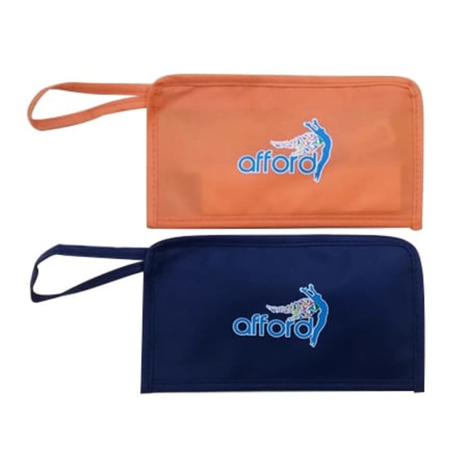 A stationery set featuring an orange and a navy pouch, each with a logo on the front.