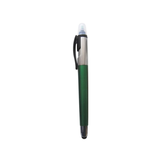 A green ball pen with a highlighter feature and a silver clip. It has a stylus tip at the end.
