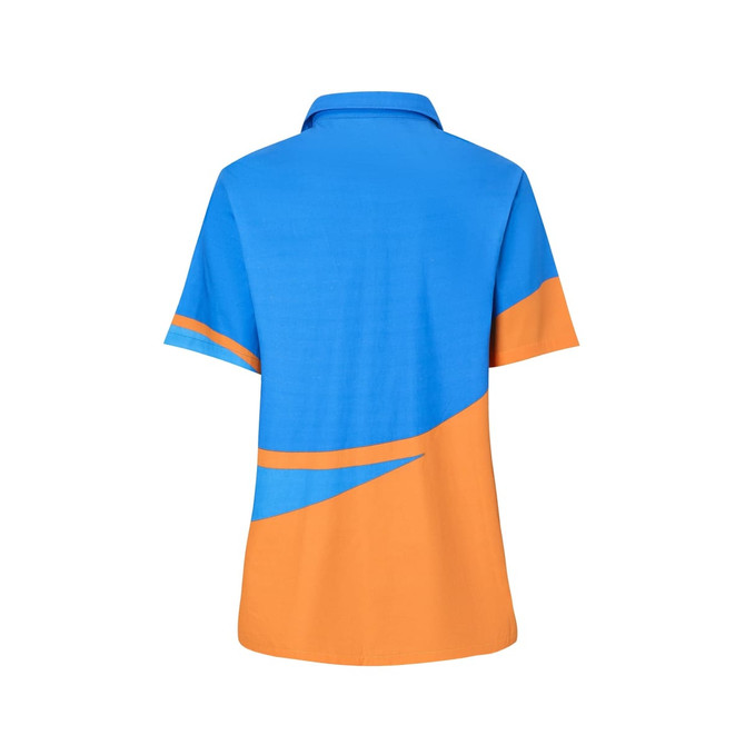 A women's short-sleeve shirt in blue and orange, featuring a subtle design and a collar. It has a logo on the back.