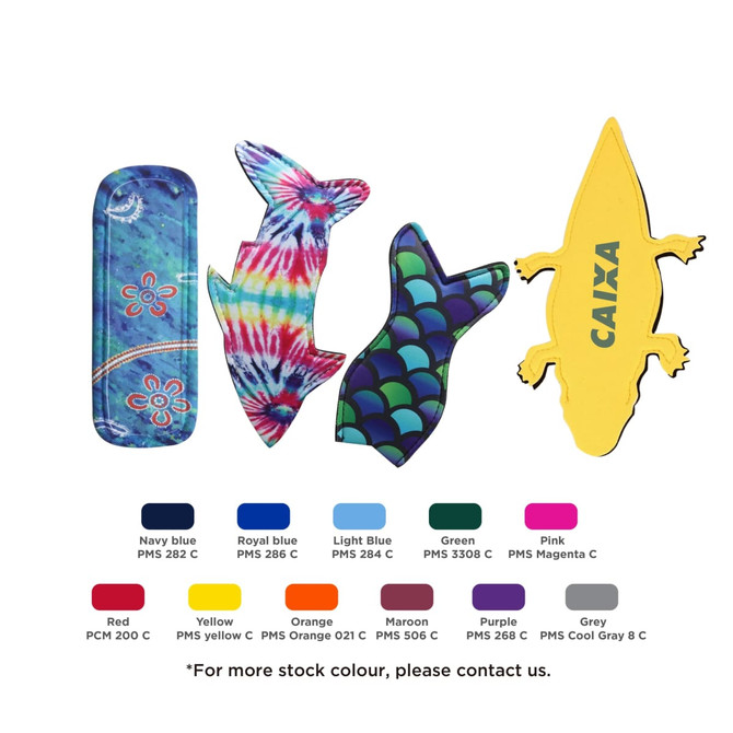 Four colourful Icy Pole Holders in designs featuring a fish, a lizard, and a skateboard, with a logo on one.