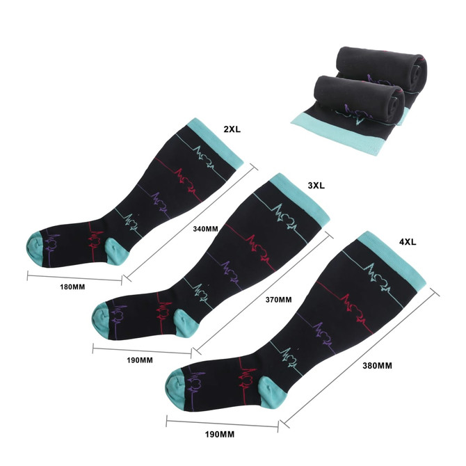 Three pairs of plus-size compression socks in black with colourful designs, accompanied by a folded pair at the top.