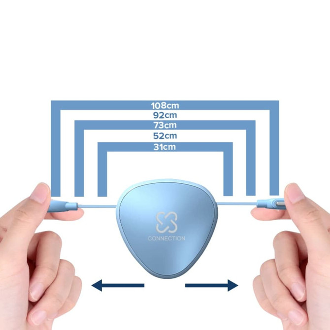 A blue 3-in-1 retractable portable charging cable with varying lengths, held between two hands. It features a logo.