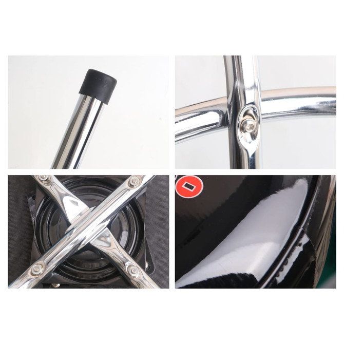 A bar stool with a black seat and chrome legs, featuring a backrest and a sturdy base. It has a logo.