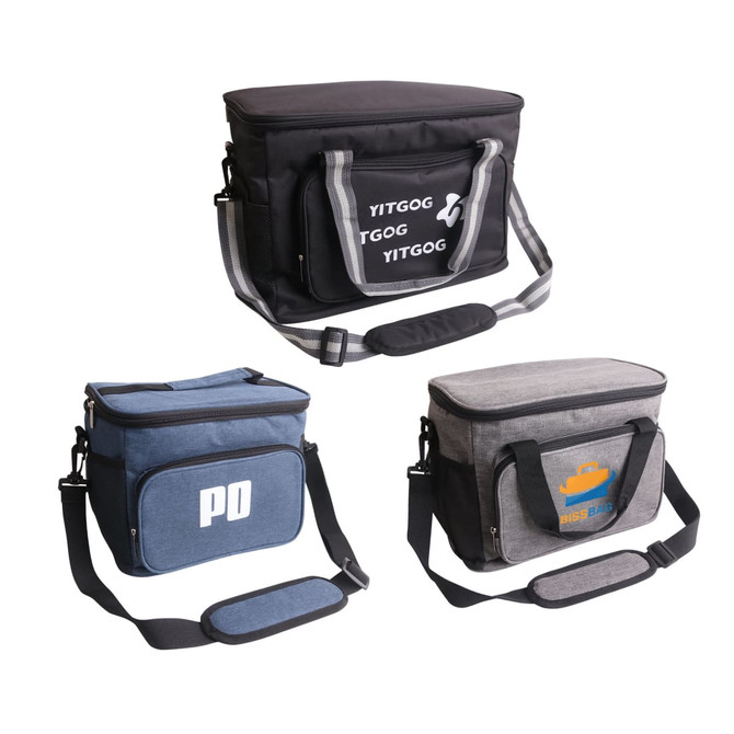Three cooler bags in black, blue, and grey, featuring various designs and logos, with shoulder straps for easy carrying.