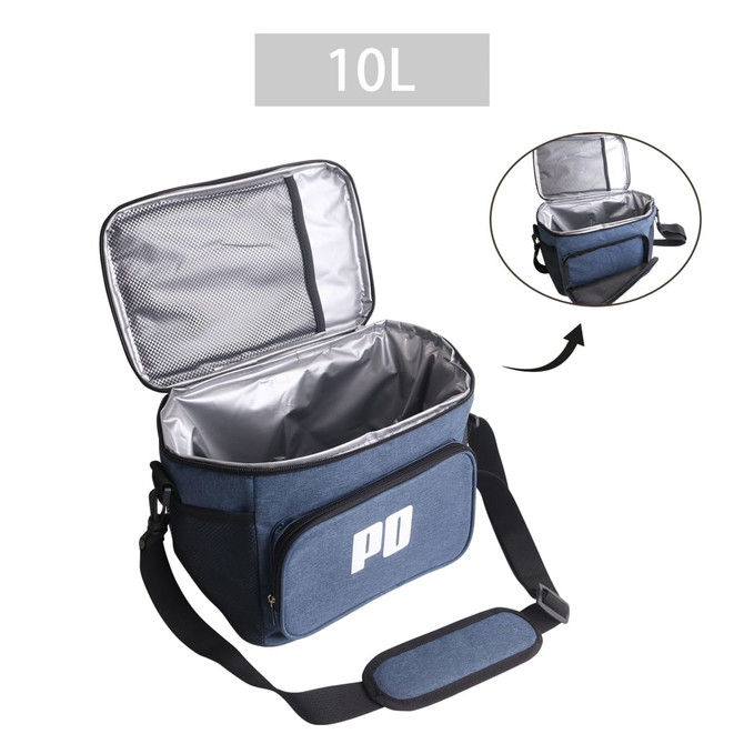 A blue cooler bag with a silver interior, featuring a logo and an adjustable shoulder strap.