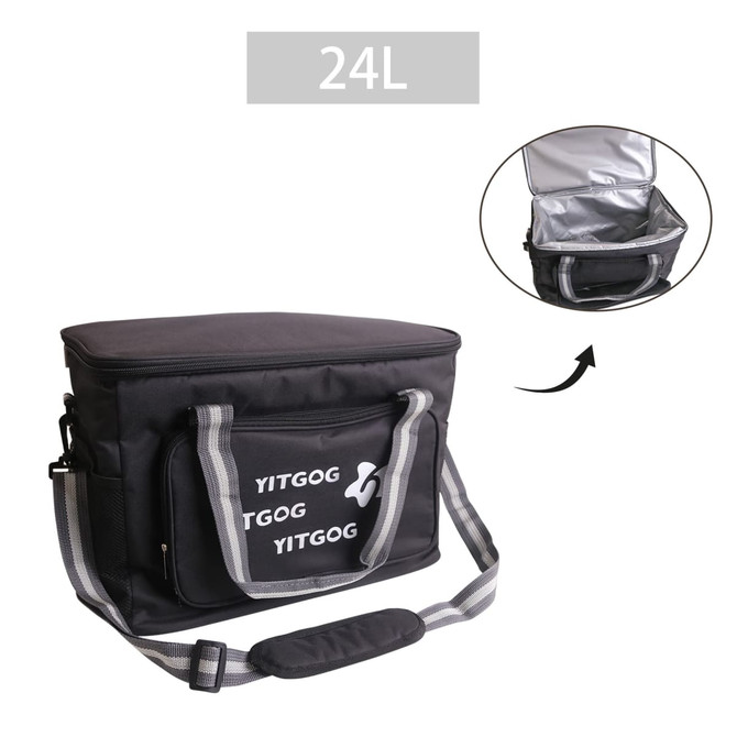 A black 24L cooler bag with a shoulder strap and a zippered pocket. It features an interior insulation lining and has a logo.