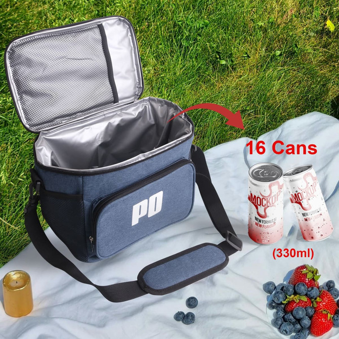 A cooler bag in blue, with interior capacity for 16 cans (330ml), featuring a front pocket and a shoulder strap.