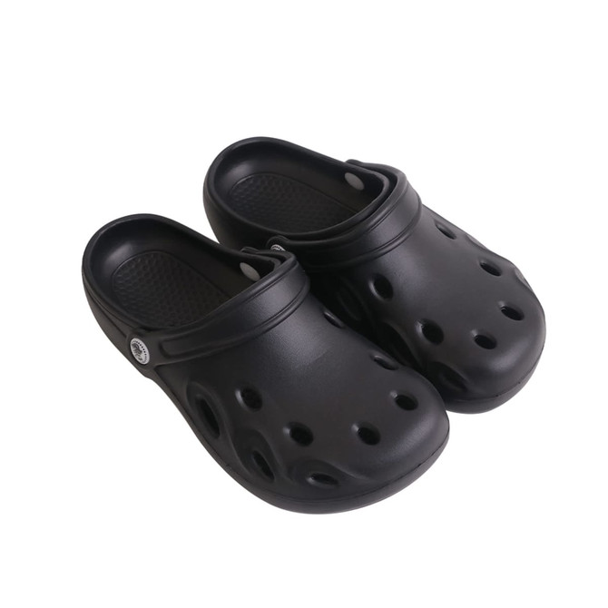 Black Clog Slides featuring a perforated design and a structured heel strap. Includes a logo on the side.