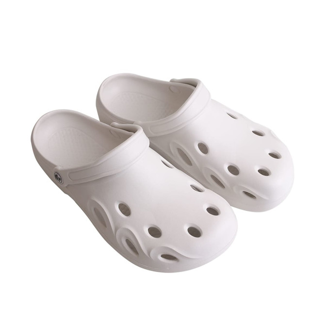 A pair of white Clog Slides featuring multiple ventilation holes and a back strap, with a branding logo.