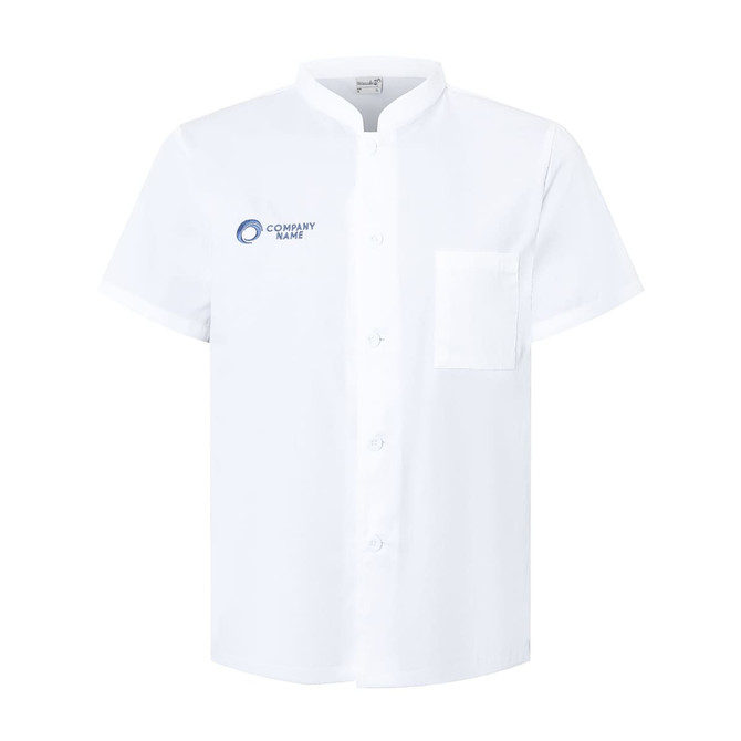 A white short-sleeved chef jacket featuring a chest pocket and a logo on the front.