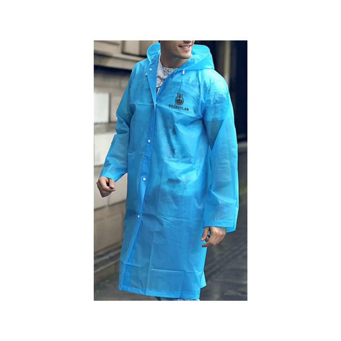 A blue reusable PEVA raincoat with a hood and button closure, featuring a logo on the front.