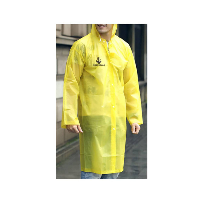A yellow reusable PEVA raincoat with a hood and a logo on the front, designed for adults.