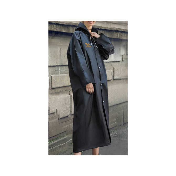 A black, reusable PEVA raincoat with a hood and a logo, featuring a long, straight design.