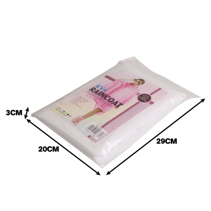 A pink reusable PEVA raincoat packaged in plastic, with dimensions of 20cm by 29cm, featuring a logo.