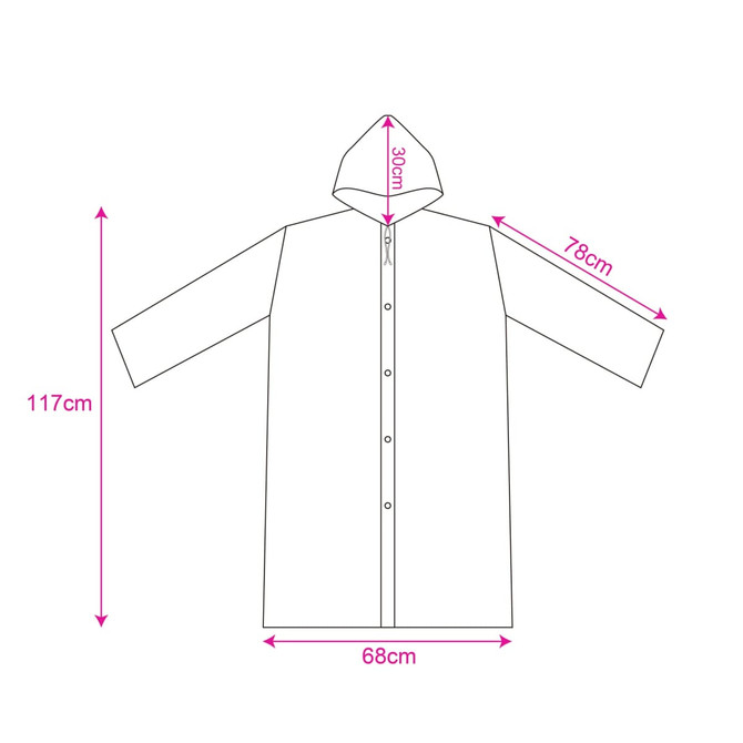 A PEVA raincoat with a hood, featuring a front button closure and measurements for size reference.