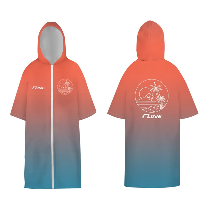 A microfibre hooded change towel in orange and blue gradient, featuring a logo and a front zip.