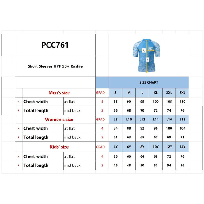A size chart for a blue sublimation short sleeves UPF 50+ rashie, featuring measurements for men’s, women’s, and kids' sizes.