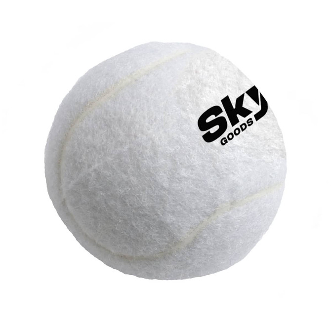 A white pet tennis ball with a textured surface and a logo on one side.