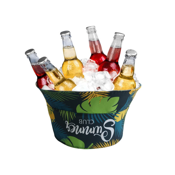 An ice bucket with a tropical design, filled with various bottles and ice, featuring a logo.