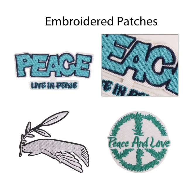 Various embroidered patches featuring text and designs in blue, green, and black on a white background, including a peace symbol.