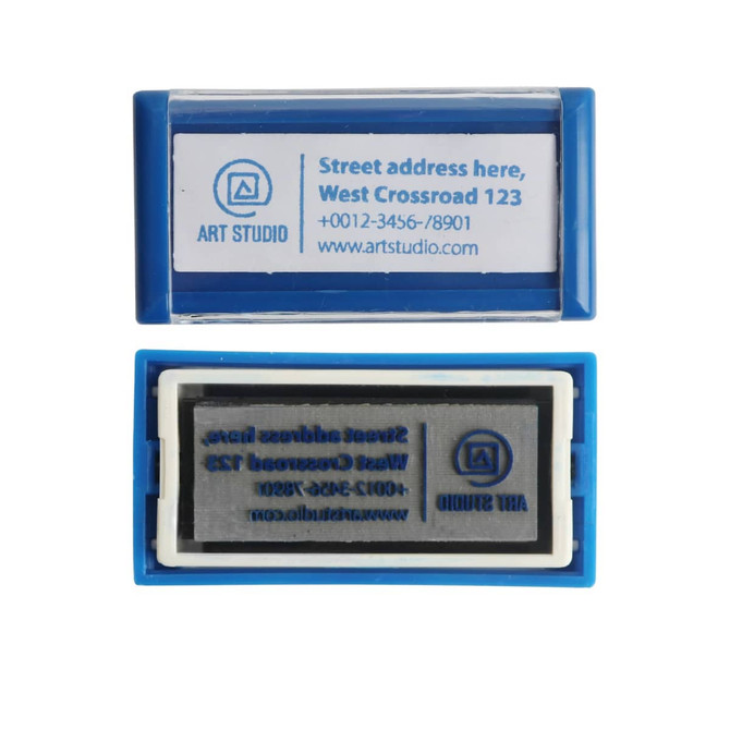 A blue self-inking rubber stamp with a logo, featuring space for an address and contact details.