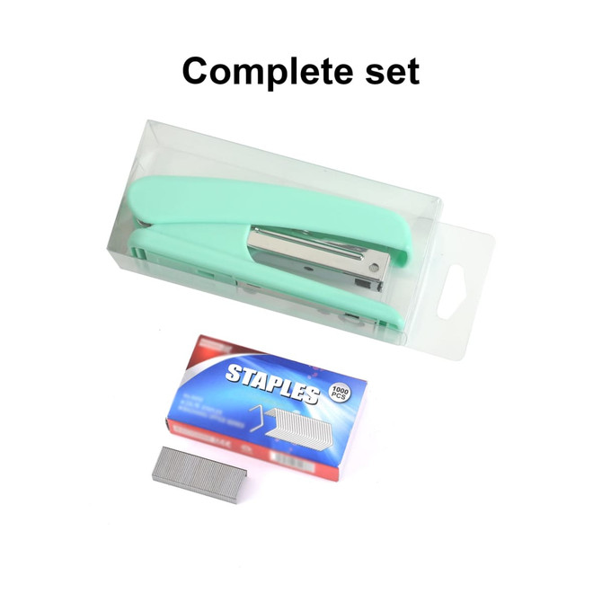 A mint green stapler in a clear packaging with a box of staples included. The box features a logo.